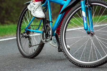 Legs on the pedals of a bicycle close-up, riding a road in the forest. The concept of a healthy lifestyle, cardio training. Copyspaceの写真素材