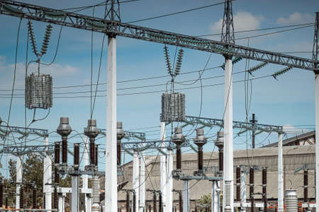 High-voltage transformer substation. High voltage power linesの写真素材