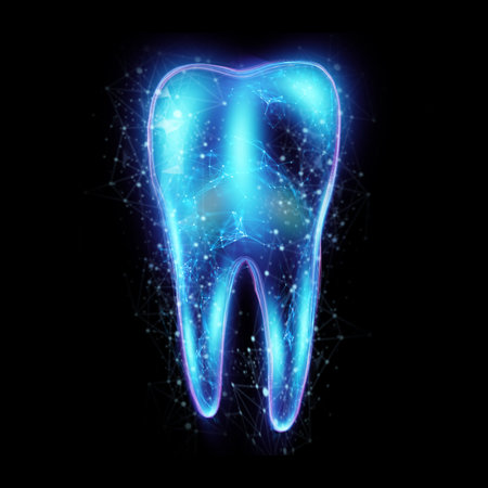 Image of a neon hologram tooth. Medicine concept, new technologies, oral care, dental prosthetics,...