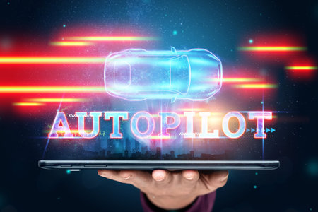 The hand of a man with a tablet and the inscription Autopilot, the car automatically detects the...