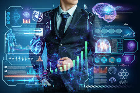 Businessman in suit image of development strategy charts, business concept. New technologies. Copy spaceの写真素材