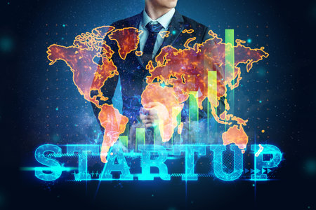 Businessman in suit image of development strategy charts, business concept, world map. New...
