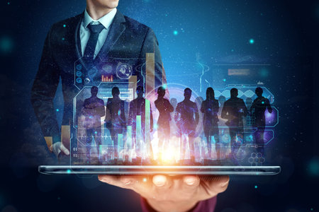 Businessman in a suit and the image of team silhouettes on the background of charts, networking,...