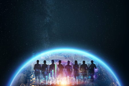 The image of team silhouettes on the background of charts and the earth, networking, development strategy, business concept. New technologies. Copy spaceの写真素材