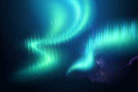 Realistic northern lights against the background of the starry sky. Beautiful natural effect. 3D illustration.の写真素材