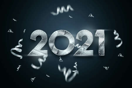 Creative Christmas background, inscription 2021 with numbers from metal on a dark background. Happy new year concept, Year of the bull, copy space. 3D illustration, 3D renderの写真素材