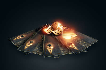 Creative poker template, background design with golden playing cards and poker chips on a dark background. Casino concept, gambling, header for the site. Copy space, 3D illustration, 3D renderの写真素材