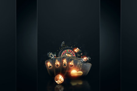 Creative poker template, background design with golden playing cards and poker chips on a dark...