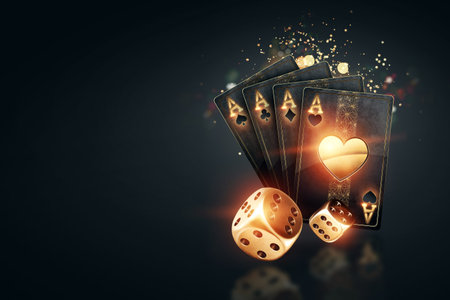 Creative poker template, background design with golden playing cards and poker chips on a dark...