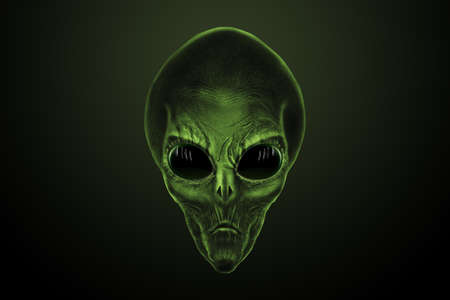 Green-headed alien with black large glass eyes. UFO concept, aliens, contact with extraterrestrial civilization. 3D illustration, 3D renderの写真素材