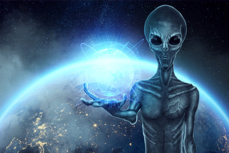A gray alien, humonoid, holds a hologram of the globe on his hand. UFO concept, aliens, contact with...