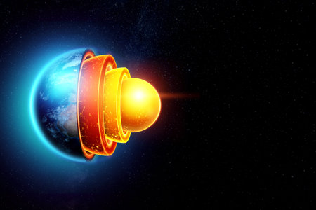 The internal structure of the earth, the structure of the core, geological layers on a dark...