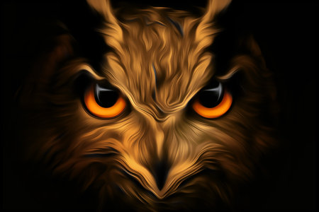 Predatory owl look, orange eyes, dark background. Birds of prey concept, wildlife. 3D illustration, 3D renderの写真素材