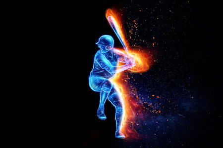 Silhouette, image of a baseball player with a bat on fire, blue hologram on a dark background....
