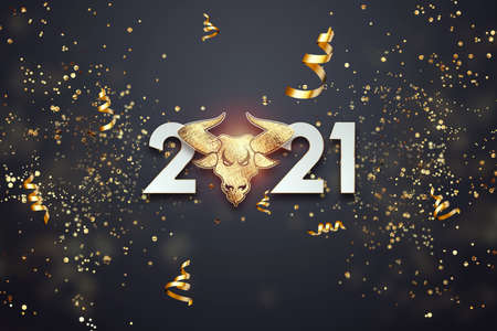 Figures 2021, Happy New Year. Elegant design with a golden bull on a dark background. Typography for 2021, New Years Celebration, Poster Design. 3D illustrationの写真素材