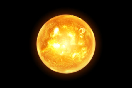 Yellow sun with spots isolated on black background. 3D illustration, 3D render.