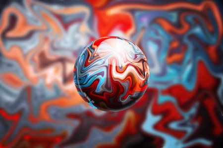 Glass ball on the background of abstract texture, flowing liquid, painting. Ink technique. 3D...