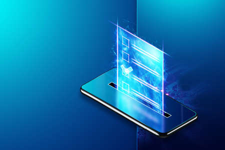 Online voting, Smartphone as a box for Internet voting and e-ballot in the form of a hologram with a check mark. Electronic voting technology concept. 3D render, 3D illustration.の写真素材
