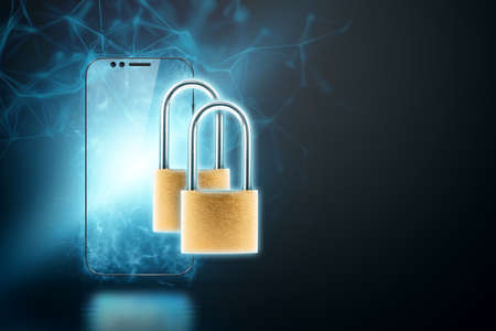 Image of two locks on the background of a smartphone. Protection of information when using a mobile phone. Double authentication, privacy protection. Personal data protection lawの写真素材