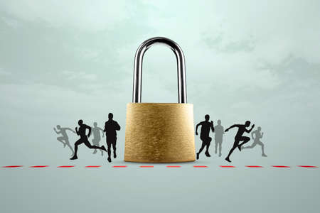 Golden padlock and border in the form of a line running people silhouettes. Illegal border crossing. The concept of immigrants, emigrants, illegal immigrants, refugees. 3D illustration, 3D renderの写真素材