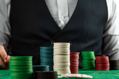 Chip cards are on the green blackjack table. Casino concept, gamblingの写真素材