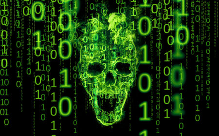 Concept for hacker, internet criminals, cyber attack. a hologram of numbers and an image of a skull...