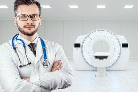 The doctor stands in front of the MRI machine. Medical technology concept, tamography, the future of medicine. Mixed mediaの写真素材