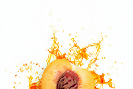 Cut peach fruit in splashes of orange juice top view. Concept for fruit background, food, freshness, billboard, poster. 3D illustration, 3D renderの写真素材