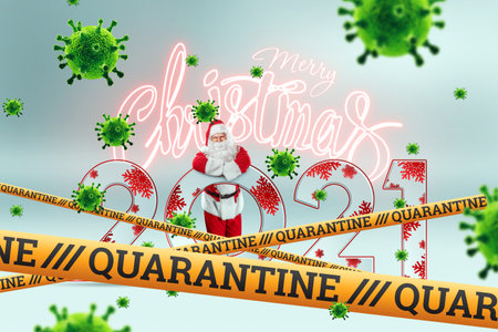 Santa Claus in a medical face mask, quarantine tape and flying malecule viruses. Holiday at home, self-isolation, pandemic, covid-19の写真素材
