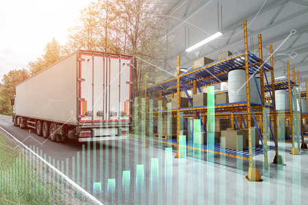 Truck and containers digital graphics. applications for tracking parcels, online delivery service, logisticsの写真素材