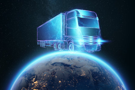 Truck and containers digital graphics. applications for tracking parcels, online delivery service, logisticsの写真素材