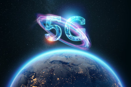 5G inscription on the background of the globe. Concept Mobile communication network for high speed wireless Internet connection, fifth generation technology, new technologiesの写真素材