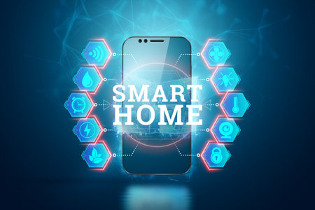 Smartphone and hologram of smart home interface on a blue background. Automation concept, modern house, new technologies. 3D rendering, 3D illustrationの写真素材