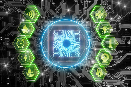 Smart home interface hologram on the background of a processor and a printed circuit board....