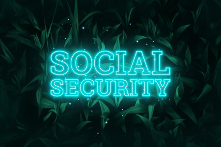 Neon blue inscription: social security, on a green natural background. Concept for motivating background, business, self-development. 3D illustration, 3D render.の写真素材