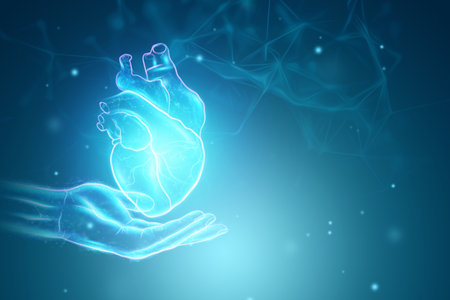 Heart hologram above the palm. Technology concept, donation, online diagnostics. 3D rendering, 3D illustrationの写真素材