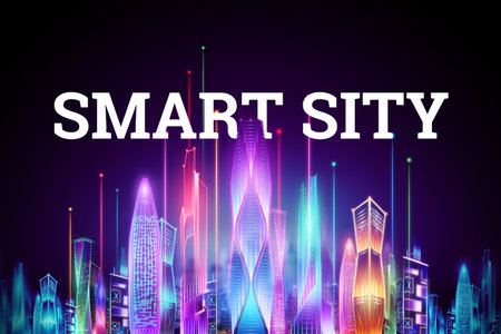 Hologram smart city night neon on dark background, big data transmission technology concept. 3D rendering, 3D illustrationの写真素材