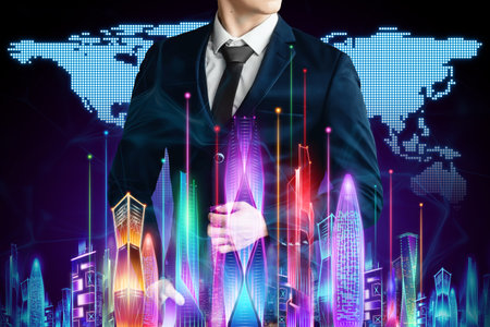 Businessman in suit and hologram smart city night neon on a dark background, big data transmission technology concept.の写真素材