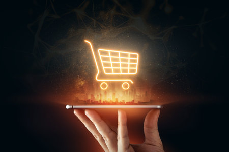 Phone and basket hologram. Online shopping, online store application in a smartphone. Digital...