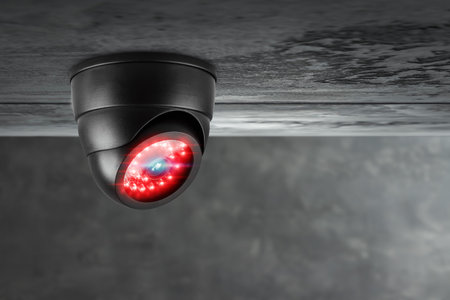 Smart CCTV camera under the ceiling with red lights. Cameras work day and night, video recording in...