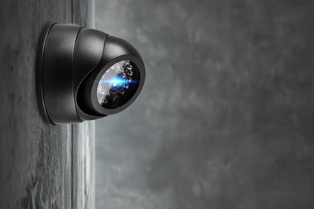 Smart CCTV camera on the wall with blue lights. Cameras work day and night, video recording in the...