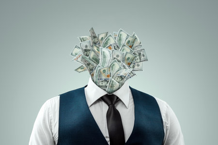 A businessman in a business suit with banknotes instead of a head, a head made of dollars. The concept of money addiction, working only for money, business, startup, careerの写真素材