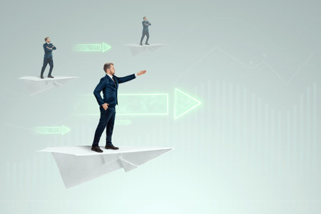 Startup. Businessman flying on a paper airplane and arrows forward. Opportunity concept, investment, business angelsの写真素材
