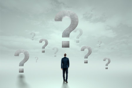 Rear view businessman stands against the background of large question marks. Mixed media. Problem concept, thinking, finding a solutionの写真素材