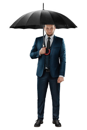 A man in a business suit, a businessman with an umbrella. Isolated on a white backgroundの写真素材
