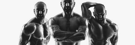 Hat for the site, male bodybuilders naked torso shows musculature isolated on white background. Black and white image. The concept of a fitness club, doing sports, a poster for the site. Copy spaceの写真素材