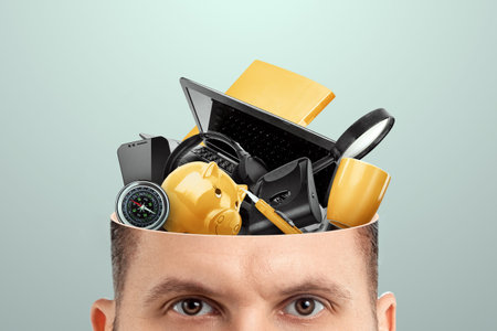 Rubbish in the head, a man's head is open instead of a brain, various office rubbish. Creative...