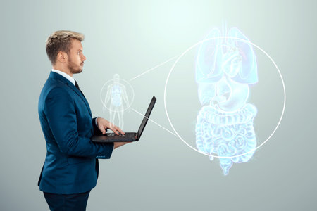 Holographic projection of scanning the internal organs of a person, x-ray in the phone. The concept...