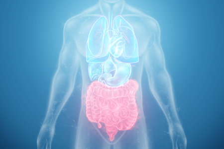 A holographic projection of a red irritable bowel scan with medical data. The concept of abdominal...