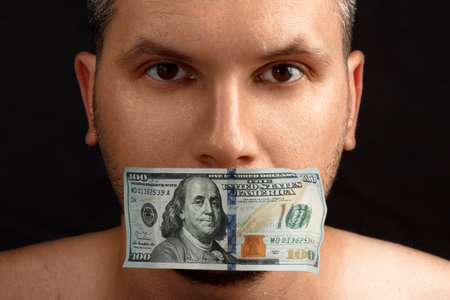 The man's mouth is sealed with dollars, money. The concept of buying silence, corruption, lobbyists for moneyの写真素材
